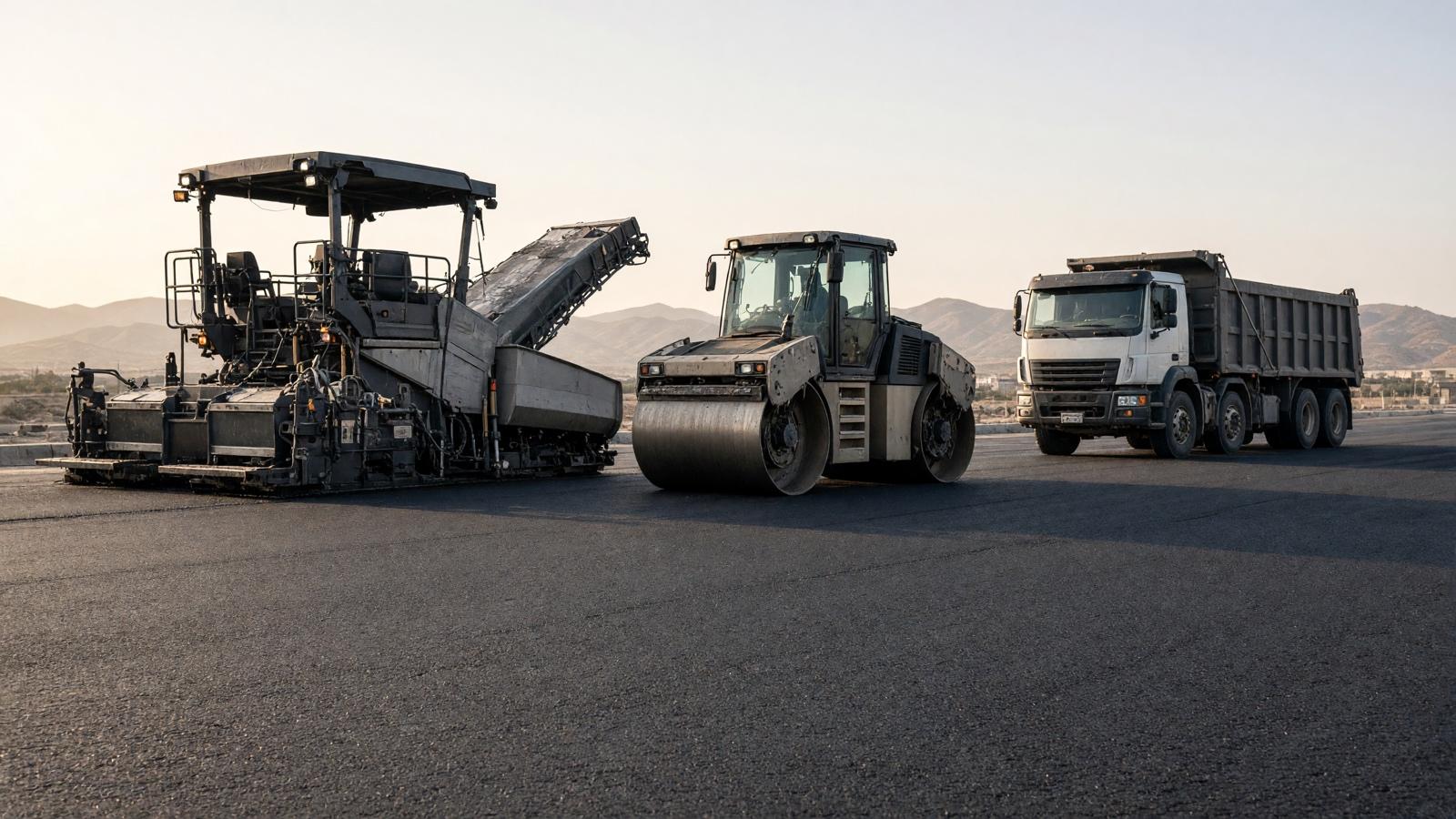 Paving equipment staged on a fresh asphalt lot at dawn — asphalt paving in Riverside, CA