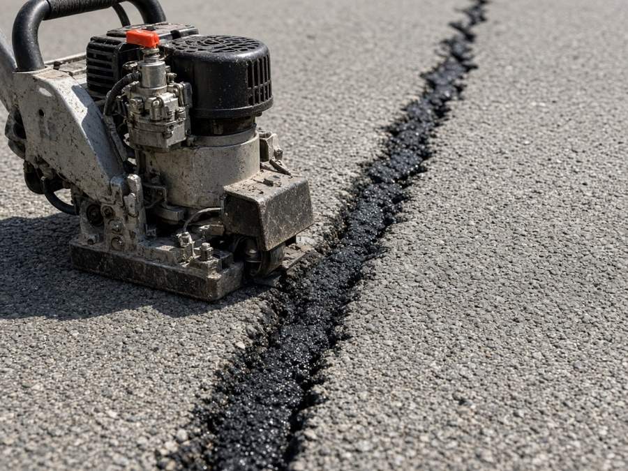 Crack router cutting a reservoir before sealing — Asphalt Crack Sealing & Crack Filling in Riverside, CA