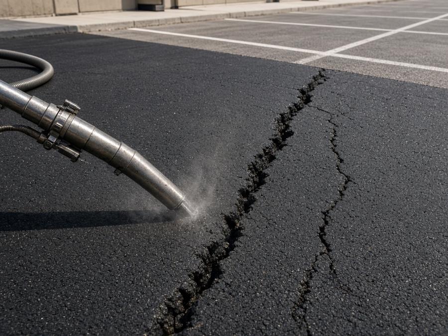 Hot-air lance cleaning a crack before sealing — Asphalt Crack Sealing & Crack Filling in Riverside, CA
