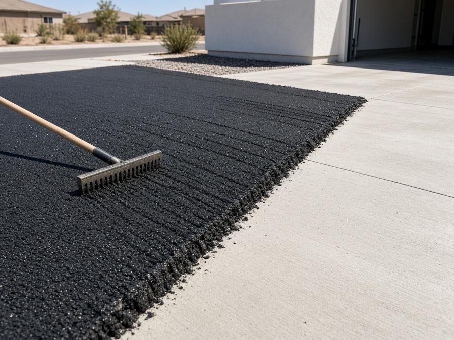 Crew raking hot-mix at a garage apron edge — Asphalt Driveway Paving & Installation in Riverside, CA