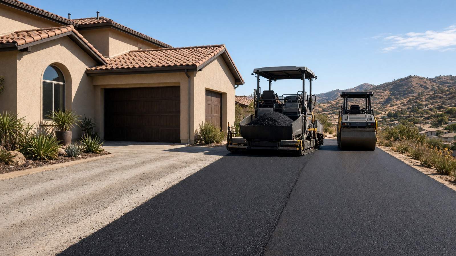 Paver laying hot-mix on a residential driveway — Asphalt Driveway Paving & Installation in Riverside, CA