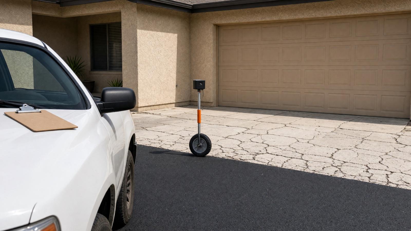 Estimator measuring a cracked driveway for a paving quote — asphalt paving in Riverside, CA