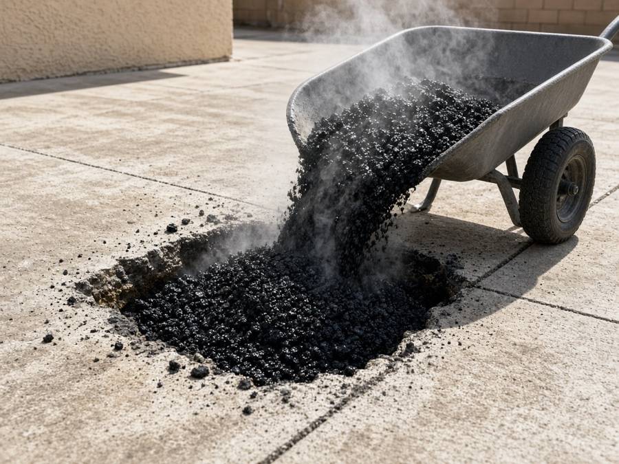 Pothole being filled with hot-mix asphalt — Asphalt Repair & Patching in Riverside, CA