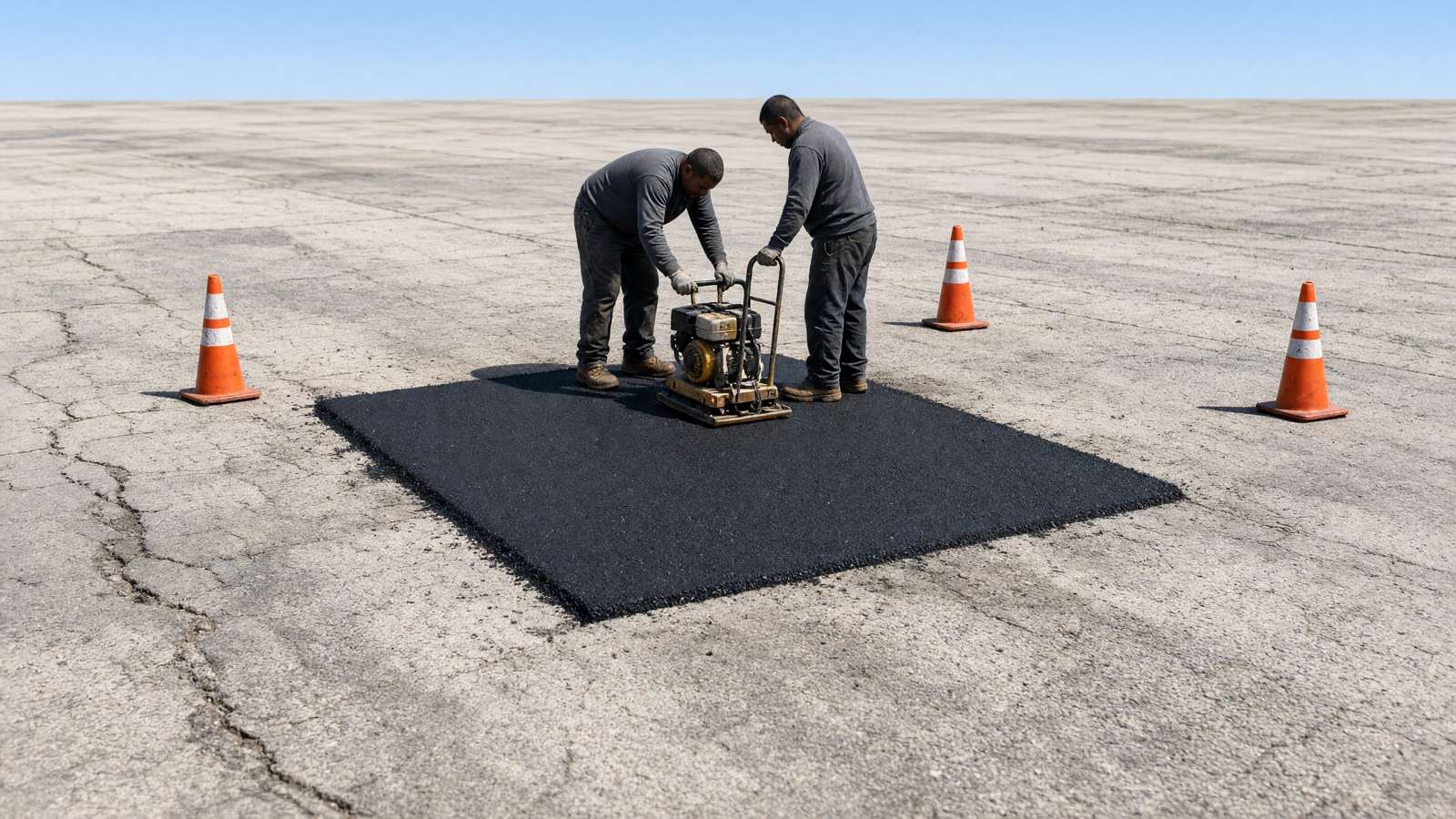 Crew compacting a hot-mix patch in a parking lot — Asphalt Repair & Patching in Riverside, CA