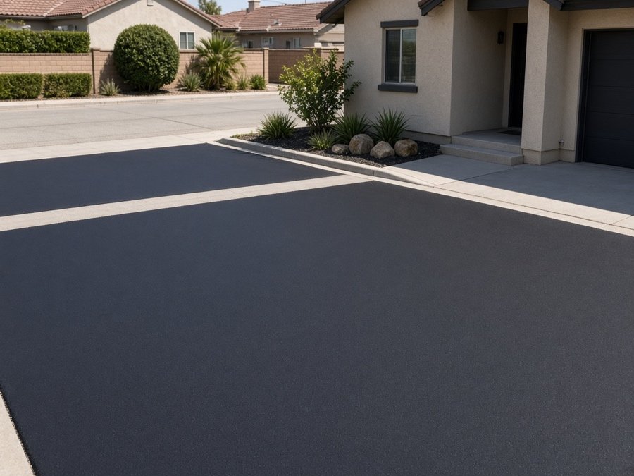 Fresh overlay lift being placed over sound pavement — asphalt driveway resurfacing in Riverside, CA