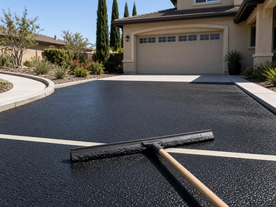 Squeegee-applied sealcoat on a residential driveway — Asphalt Sealcoating in Riverside, CA