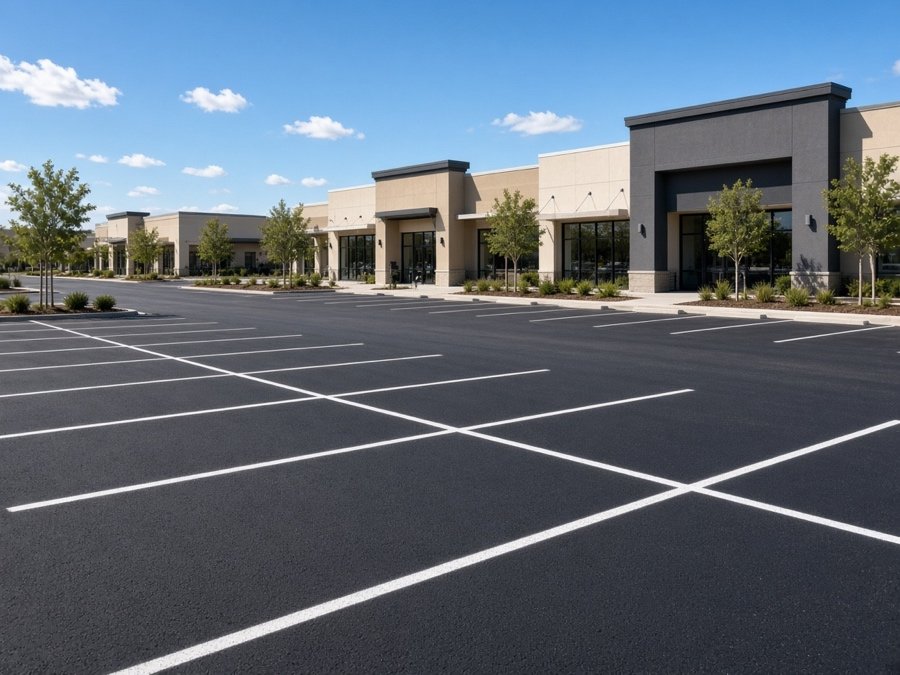 Cured sealcoat with fresh stall lines on a commercial lot — Asphalt Sealcoating in Riverside, CA