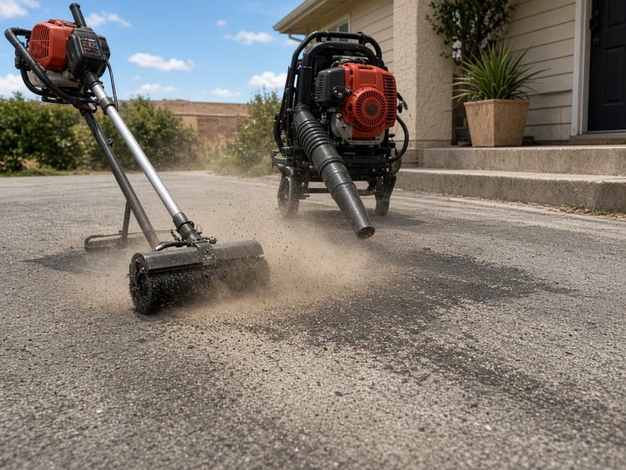Driveway being cleaned before sealcoating — Asphalt Sealcoating in Riverside, CA