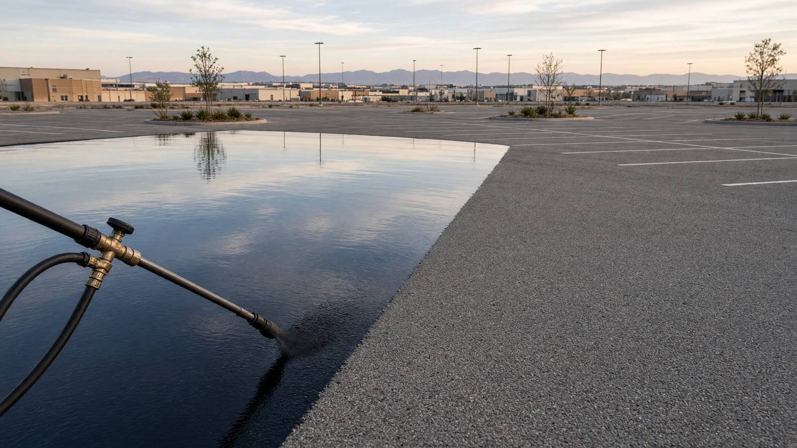 Sealcoat being sprayed across a parking lot — Asphalt Sealcoating in Riverside, CA