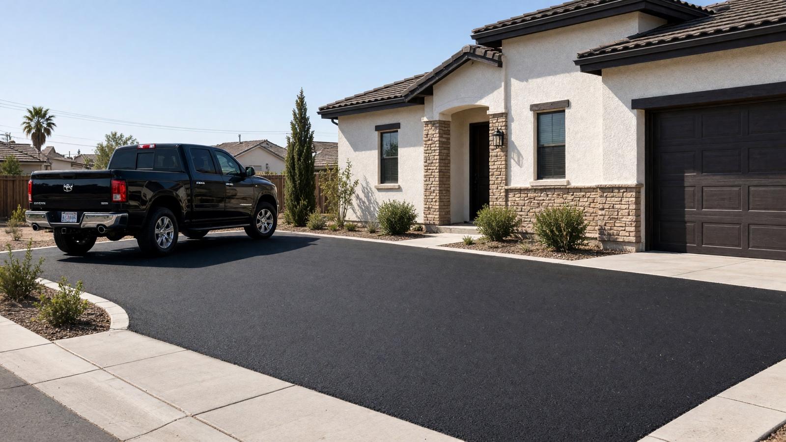 Crew truck beside a newly paved driveway — asphalt paving in Riverside, CA