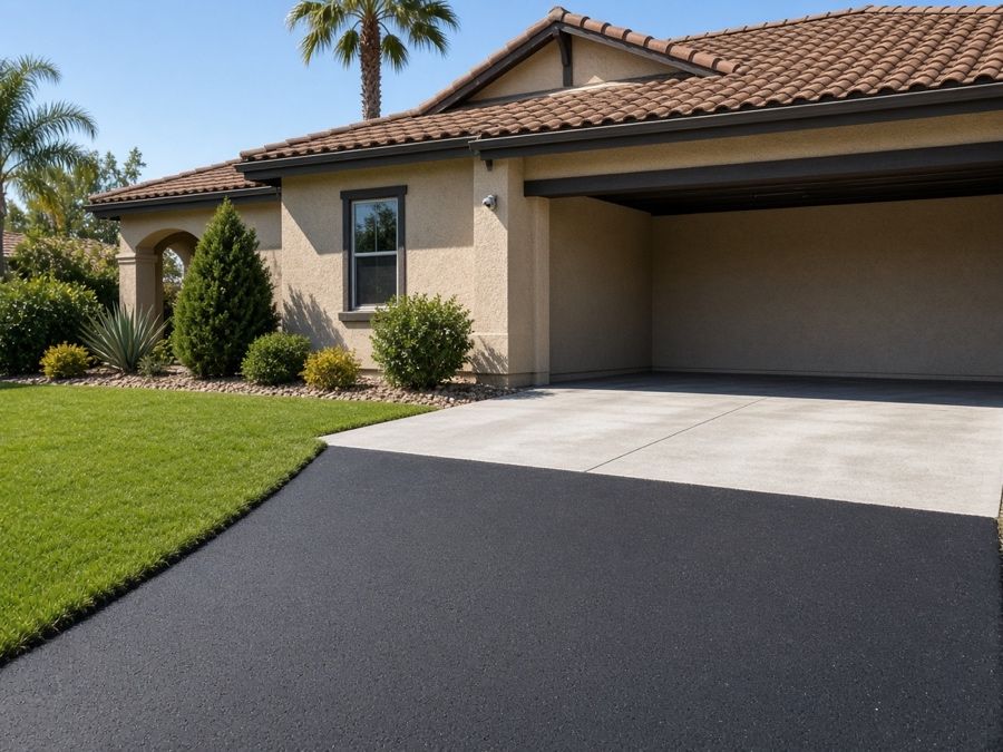 Freshly paved two-car asphalt driveway at a stucco home — asphalt paving in Riverside, CA