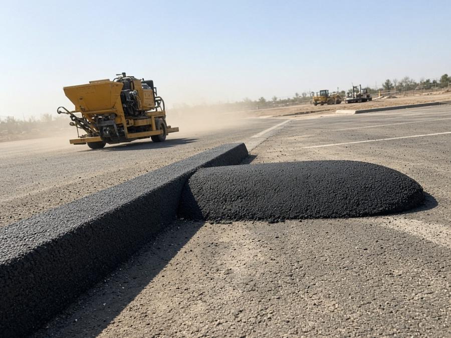 Extruded asphalt curb and a fresh speed bump at a lot edge — asphalt paving in Riverside, CA