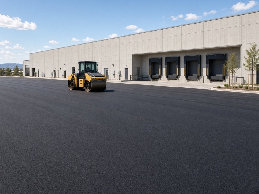 New asphalt parking lot beside a tilt-up warehouse — asphalt paving in Riverside, CA