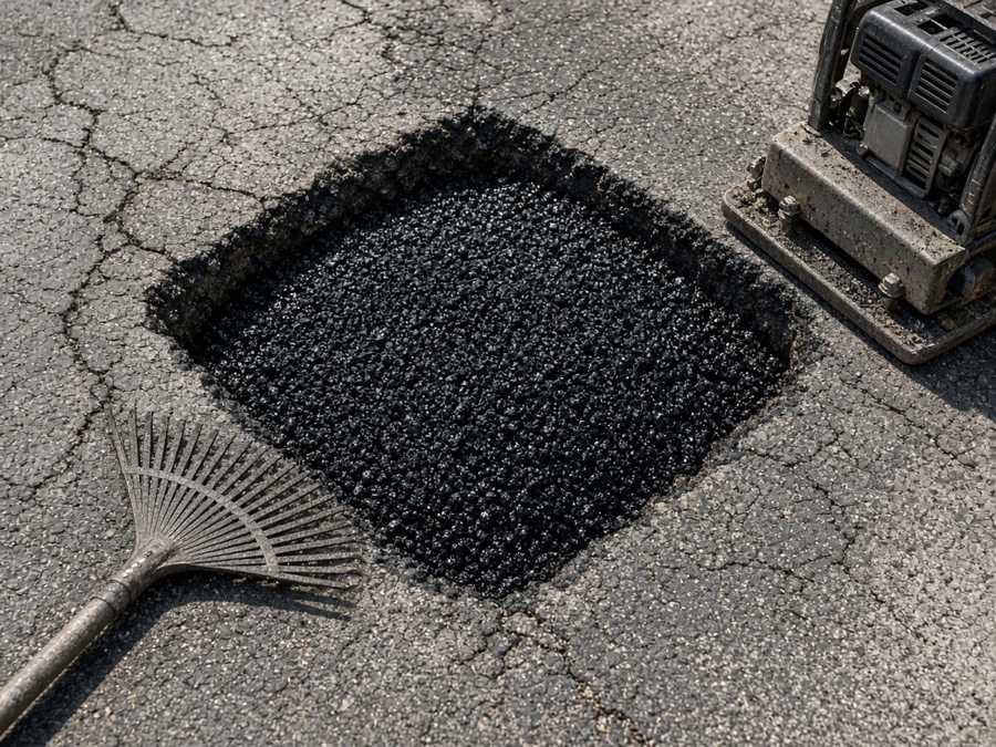 Saw-cut full-depth asphalt patch being filled with hot-mix — asphalt paving in Riverside, CA