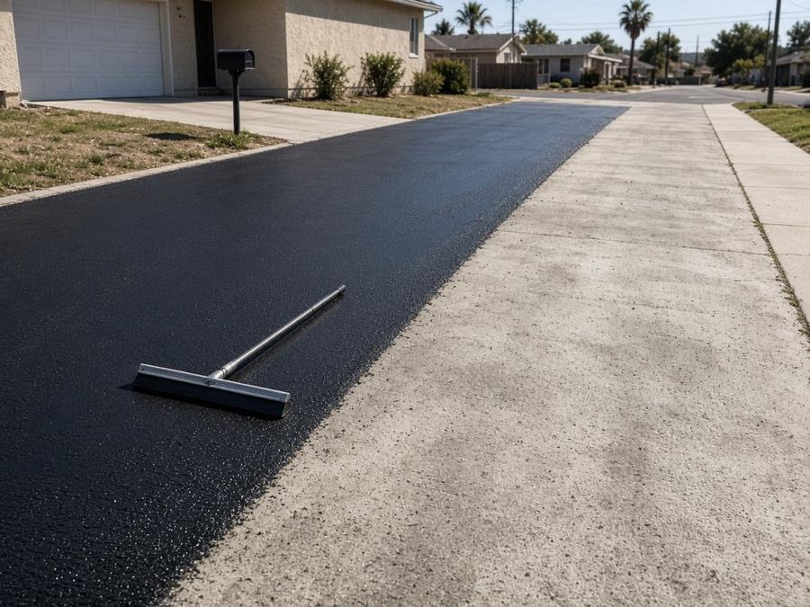 Sealcoat being squeegeed onto a faded asphalt driveway — asphalt paving in Riverside, CA