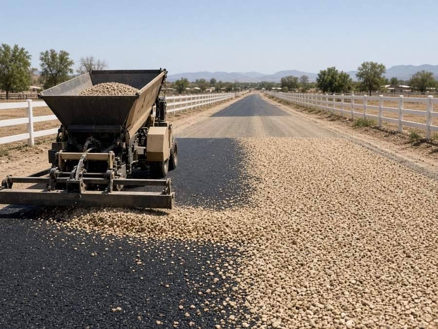 Chip seal aggregate being spread on a long rural driveway — asphalt paving in Riverside, CA