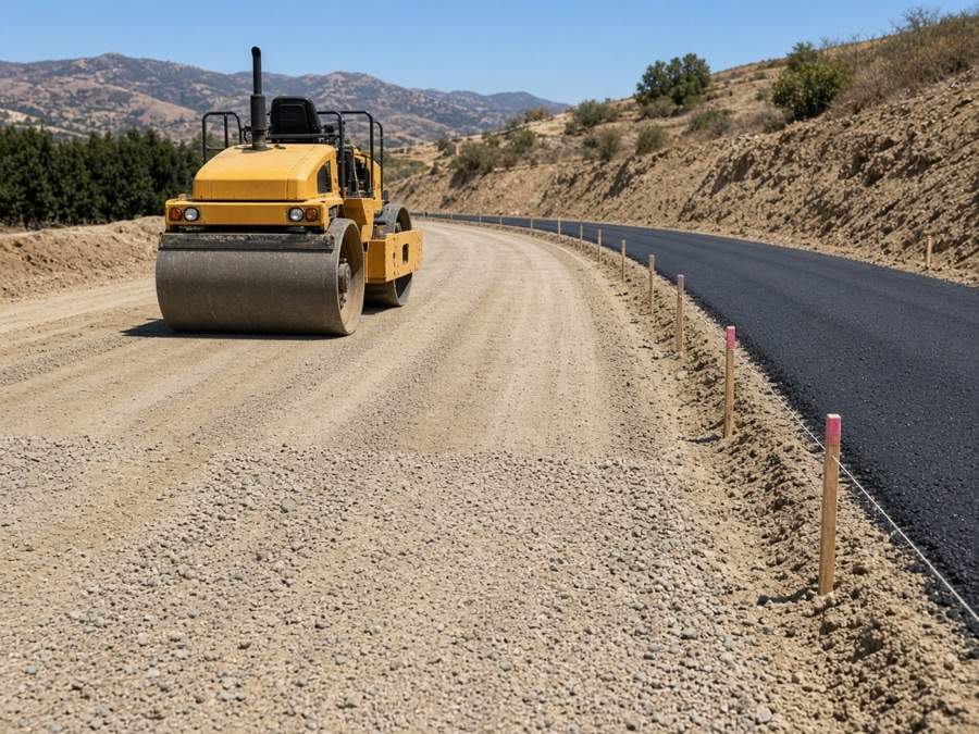 Roller compacting aggregate base before asphalt is laid — asphalt paving in Riverside, CA