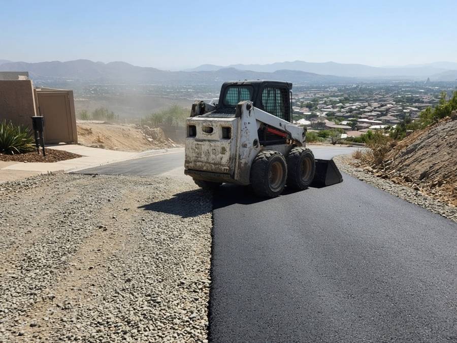 Gravel driveway half converted to fresh asphalt — asphalt paving in Riverside, CA