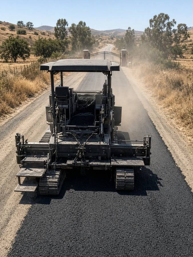 Small paver laying asphalt down a long rural driveway — asphalt paving in Riverside, CA