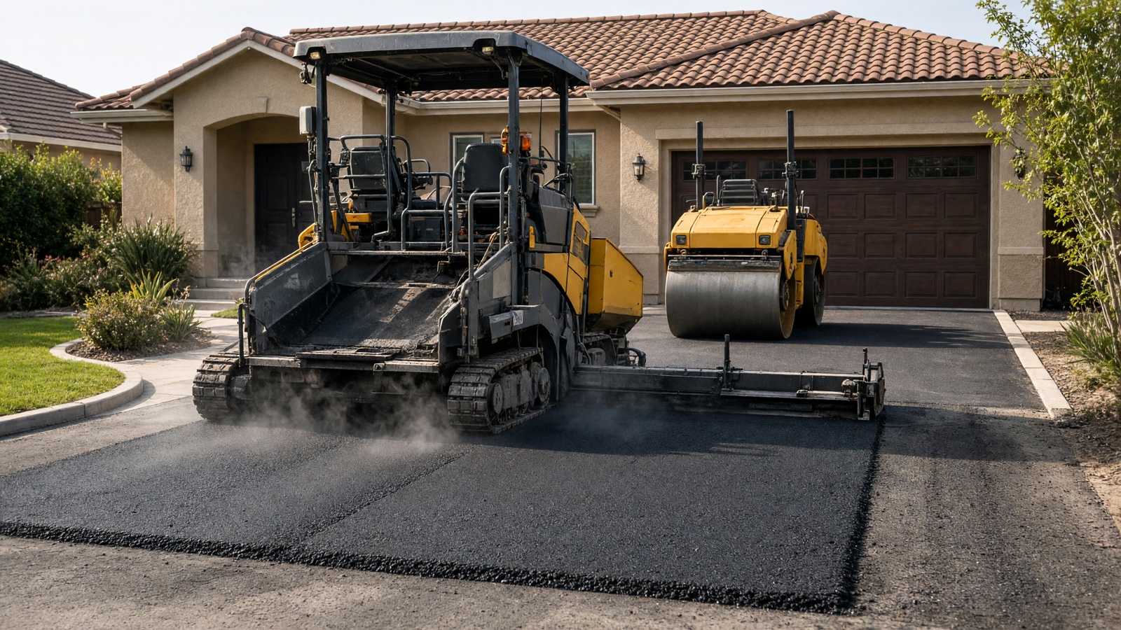 Paving crew laying fresh hot-mix asphalt on a residential driveway — asphalt paving in Riverside, CA