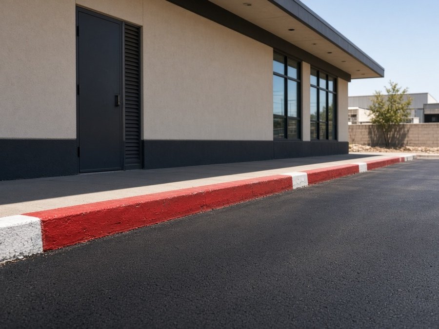 Red fire lane curb with stencil lettering — Parking Lot Striping & ADA Layout in Riverside, CA