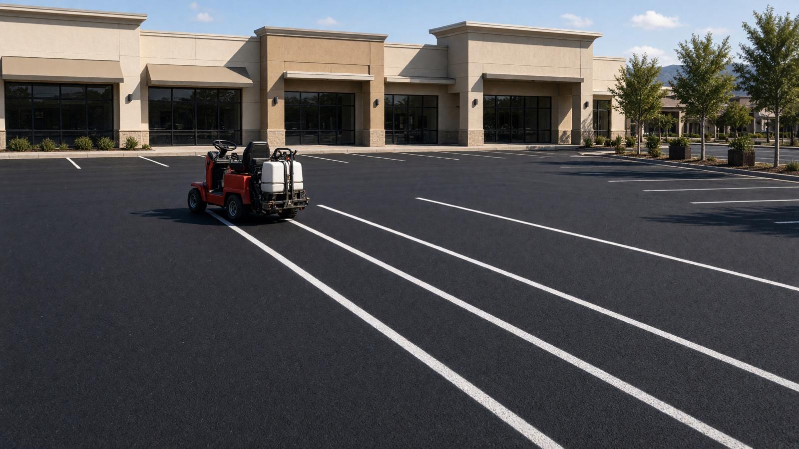 Line striper painting new stall lines on a black parking lot — Parking Lot Striping & ADA Layout in Riverside, CA